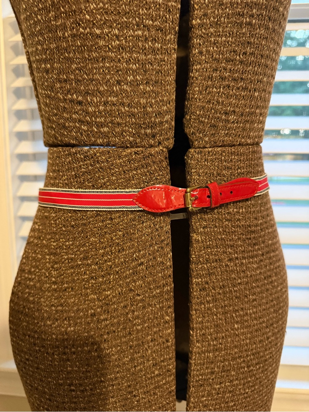 Red Striped Elastic Waist Belt with Patent Leather Details